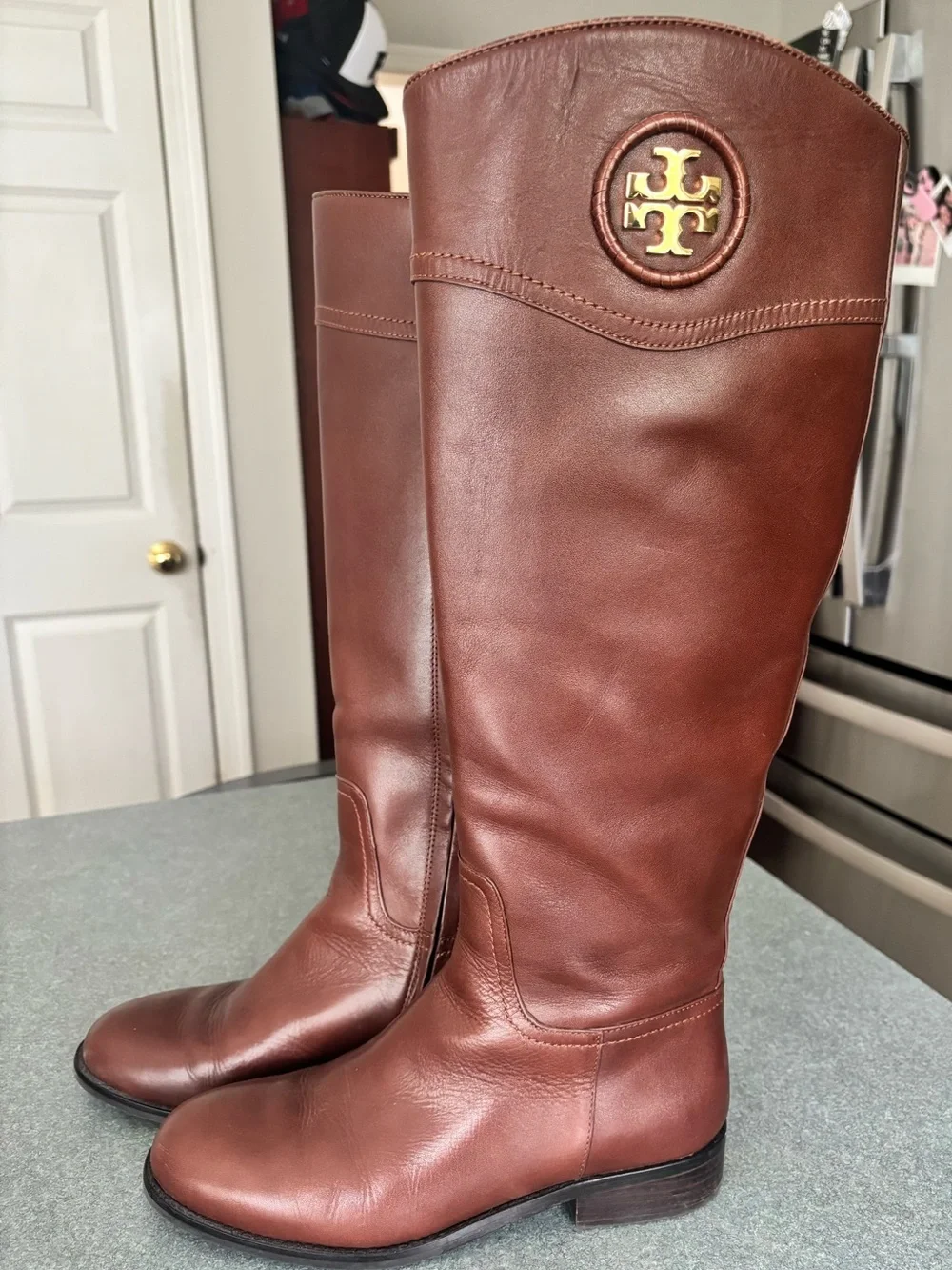 Tory Burch Brown Leather Tall Riding Boots with Gold Logo